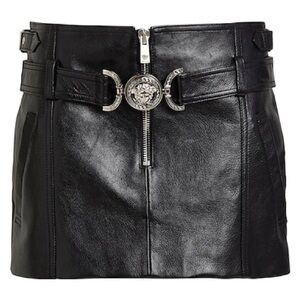 VERSACE Women's Black Leather Removable Belt Mini Skirt w/ Logo | NEW/NWT!!🖤🖤